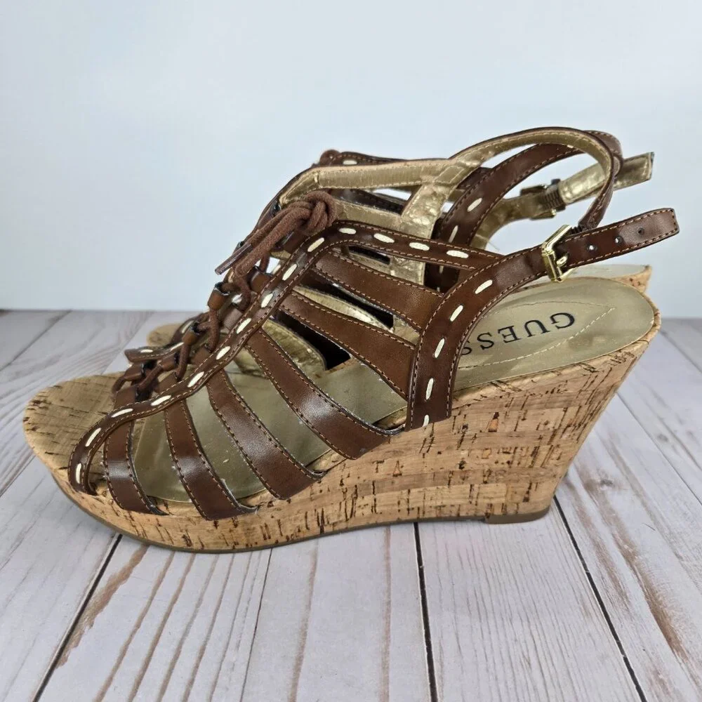 GUESS Gladiator Wedge Sandals Brown Leather Cork Women’s Size 9